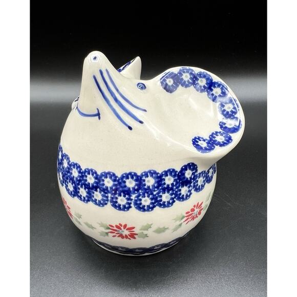 Polish Pottery Christmas Mouse Coin Bank with Holly & Poinsettia Flowers 4.5” - Picture 1 of 11